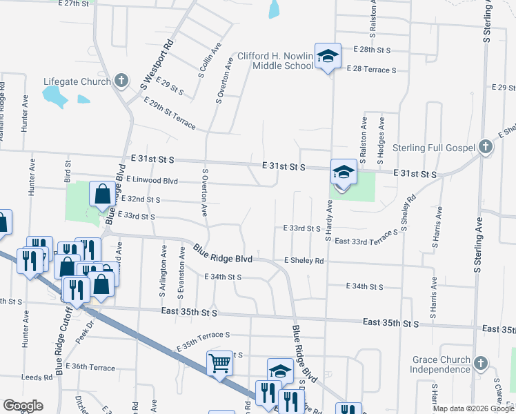 map of restaurants, bars, coffee shops, grocery stores, and more near 3201 South Hawthorne Avenue in Independence