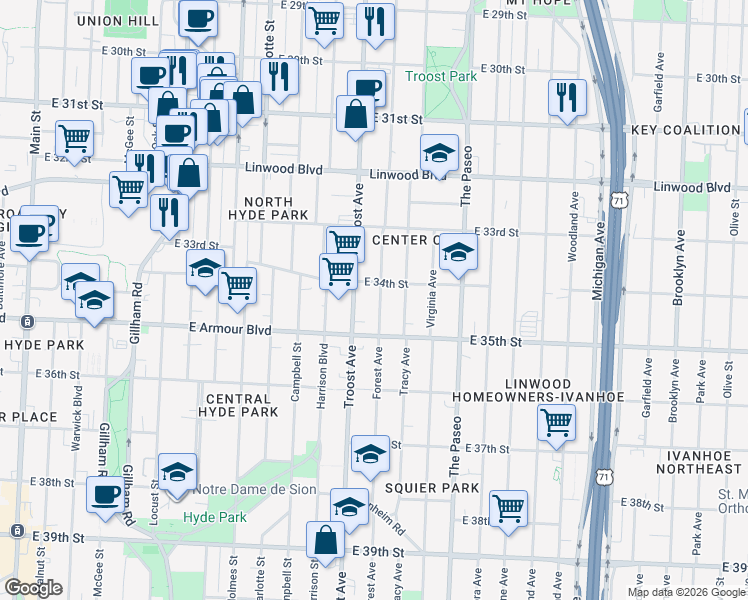 map of restaurants, bars, coffee shops, grocery stores, and more near 3413 Forest Avenue in Kansas City