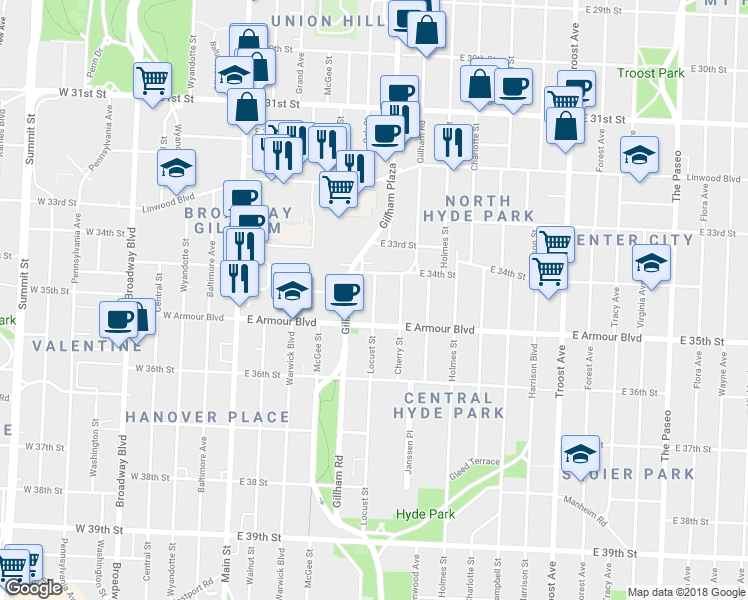 map of restaurants, bars, coffee shops, grocery stores, and more near 3419 Locust Street in Kansas City
