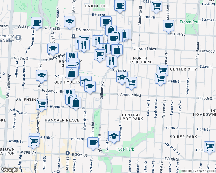 map of restaurants, bars, coffee shops, grocery stores, and more near 3419 Locust Street in Kansas City