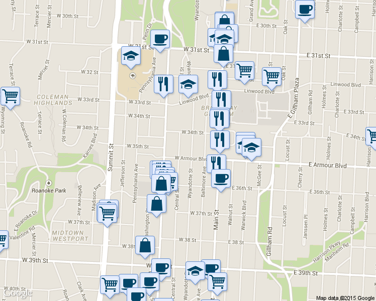 map of restaurants, bars, coffee shops, grocery stores, and more near 3432 Wyandotte Street in Kansas City