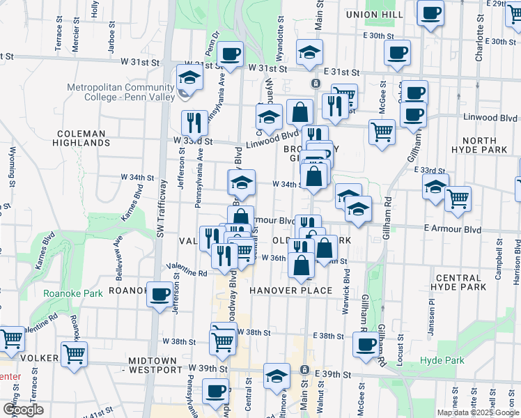 map of restaurants, bars, coffee shops, grocery stores, and more near 3432 Wyandotte Street in Kansas City