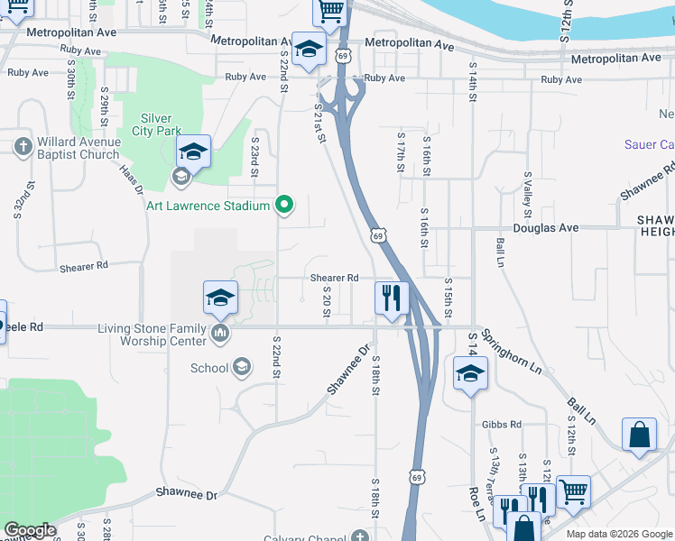 map of restaurants, bars, coffee shops, grocery stores, and more near 2000 Shearer Road in Kansas City
