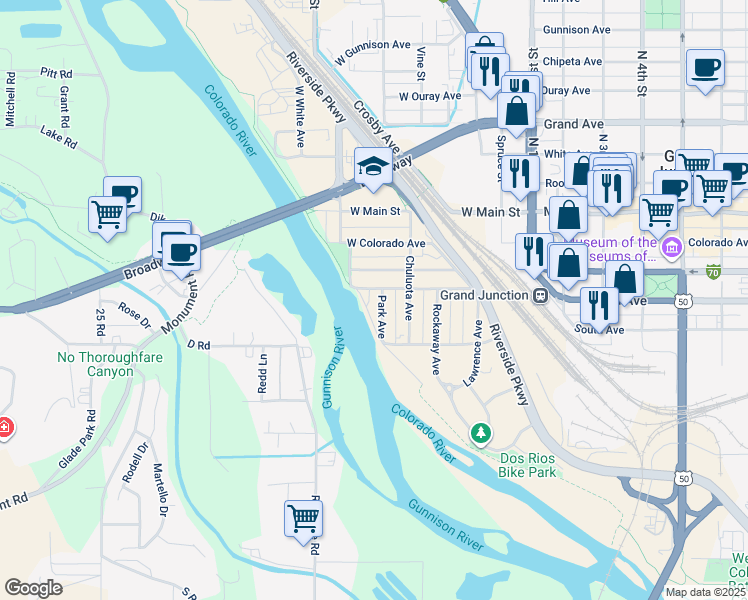 map of restaurants, bars, coffee shops, grocery stores, and more near 417 Park Avenue in Grand Junction