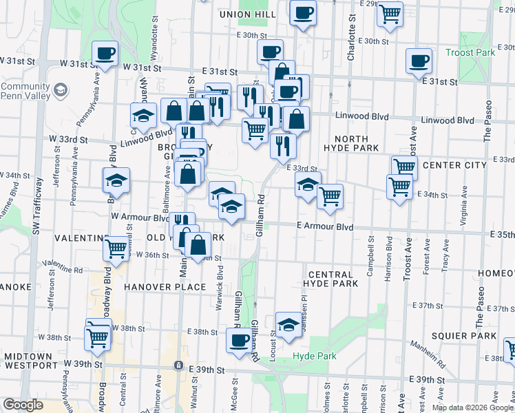 map of restaurants, bars, coffee shops, grocery stores, and more near 3430 Gillham Road in Kansas City