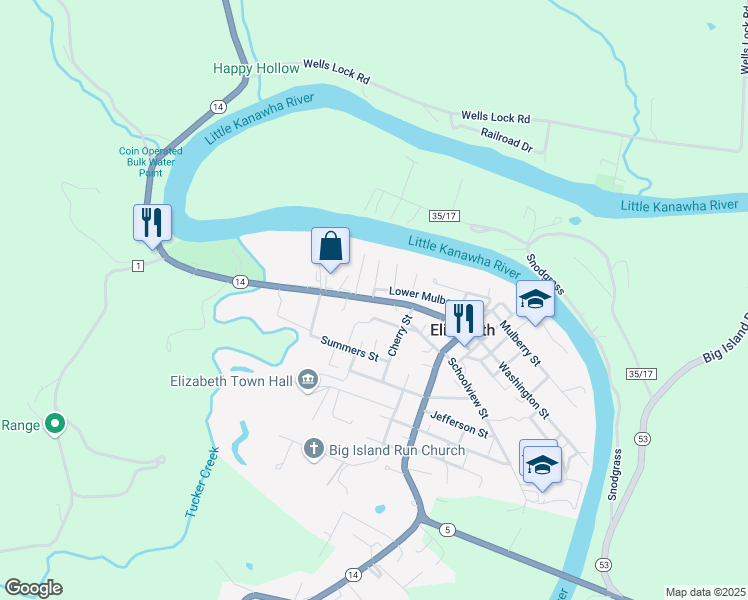 map of restaurants, bars, coffee shops, grocery stores, and more near Juliana St in Elizabeth