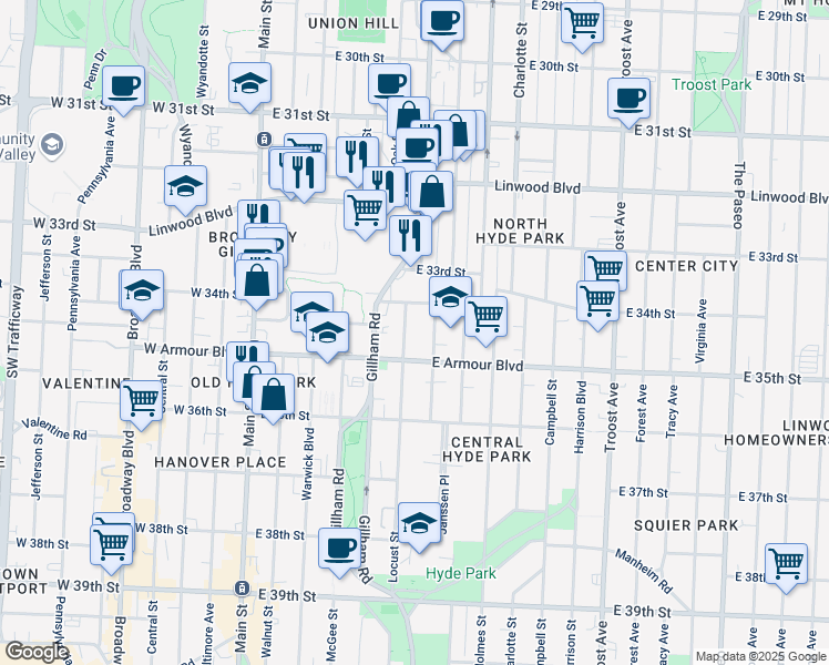 map of restaurants, bars, coffee shops, grocery stores, and more near 3421 Locust Street in Kansas City