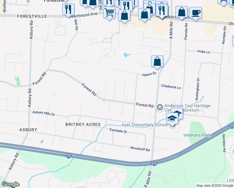 map of restaurants, bars, coffee shops, grocery stores, and more near 928 Anderson Glen Drive in Cincinnati