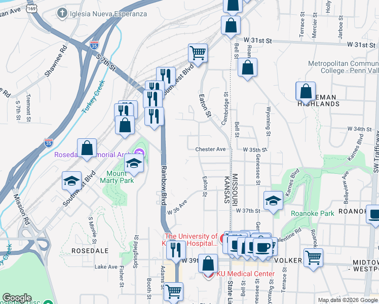 map of restaurants, bars, coffee shops, grocery stores, and more near 2117 Chester Avenue in Kansas City