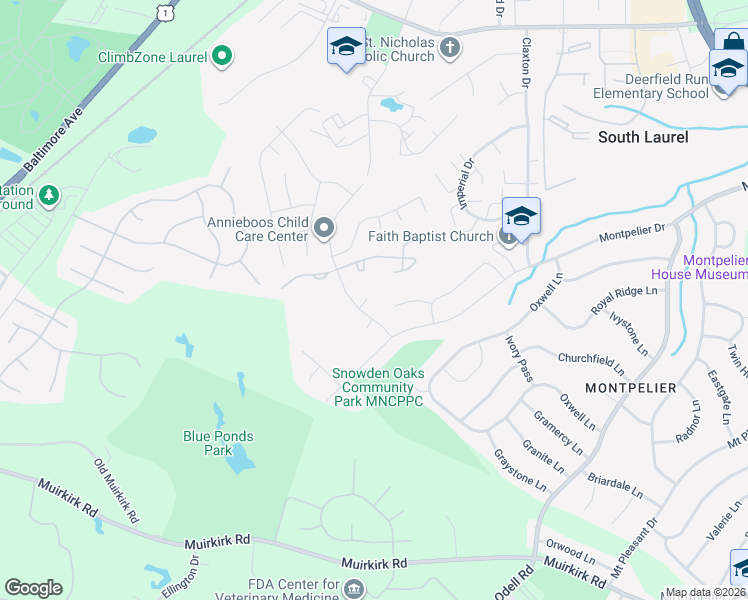map of restaurants, bars, coffee shops, grocery stores, and more near 8403 North Point Court in Laurel
