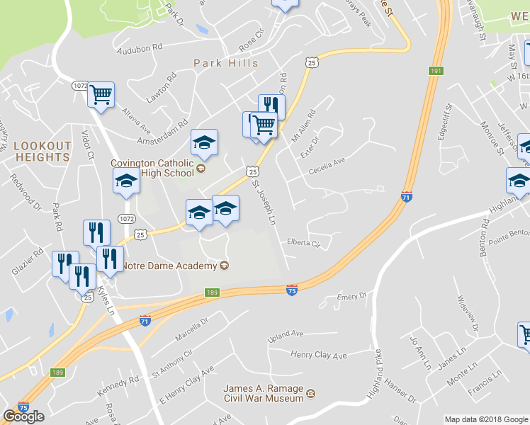 map of restaurants, bars, coffee shops, grocery stores, and more near 621 Saint Joseph Lane in Park Hills