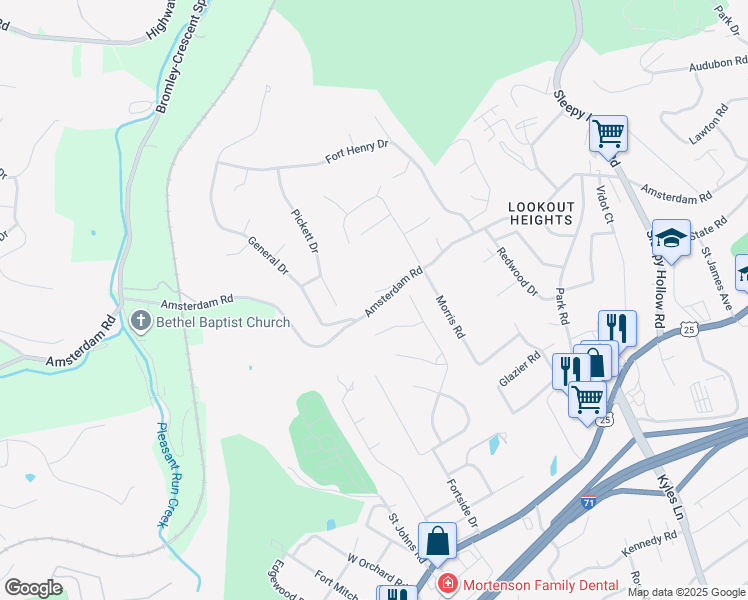 map of restaurants, bars, coffee shops, grocery stores, and more near 1733 Amsterdam Road in Fort Wright