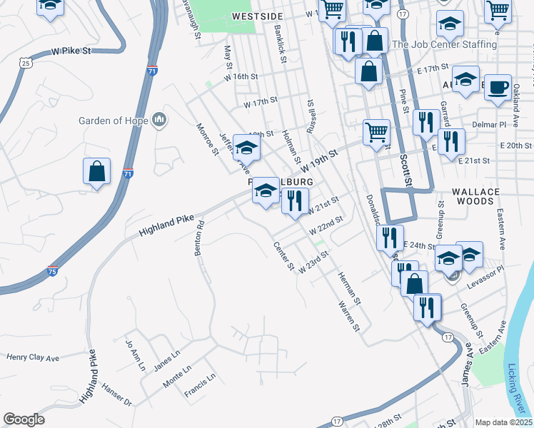 map of restaurants, bars, coffee shops, grocery stores, and more near 501 West 19th Street in Covington