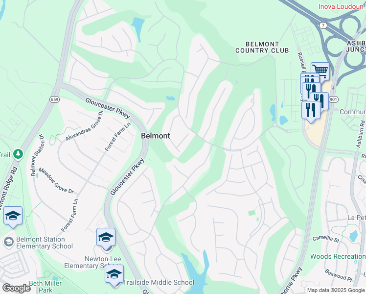 map of restaurants, bars, coffee shops, grocery stores, and more near 19928 Mizner Terrace in Ashburn