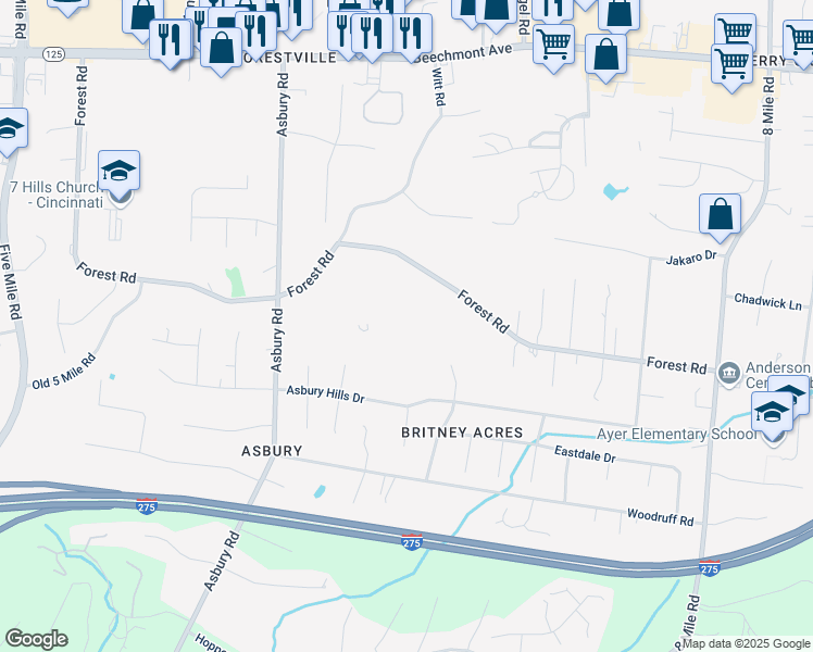 map of restaurants, bars, coffee shops, grocery stores, and more near 8011 Forest Road in Cincinnati