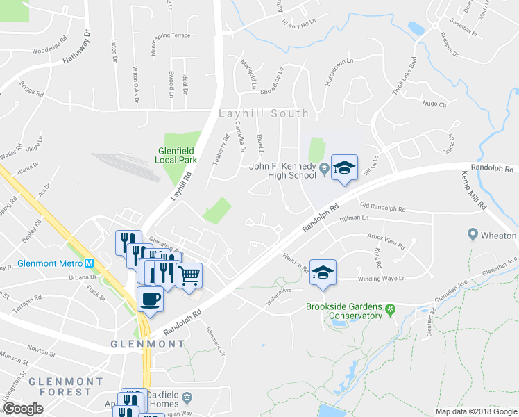 map of restaurants, bars, coffee shops, grocery stores, and more near 12675 English Orchard Court in Silver Spring