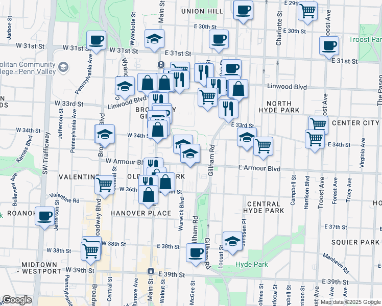 map of restaurants, bars, coffee shops, grocery stores, and more near 211 East 34th Terrace in Kansas City