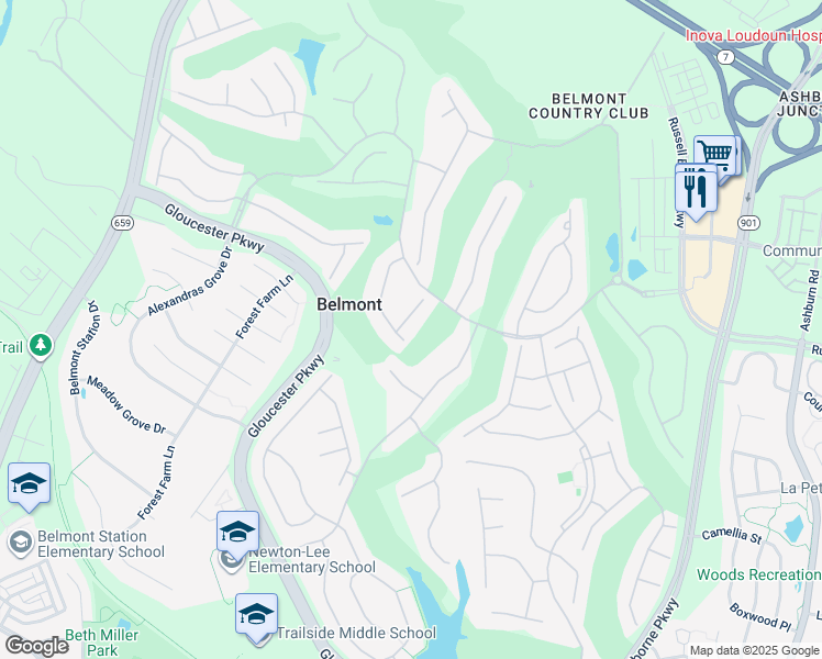 map of restaurants, bars, coffee shops, grocery stores, and more near 19928 Mizner Terrace in Ashburn