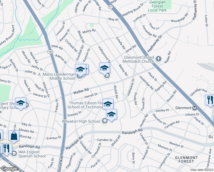 map of restaurants, bars, coffee shops, grocery stores, and more near 3308 Weller Road in Silver Spring