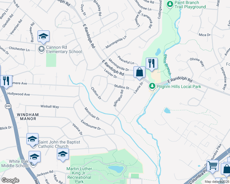map of restaurants, bars, coffee shops, grocery stores, and more near 1425 Chilton Drive in Silver Spring