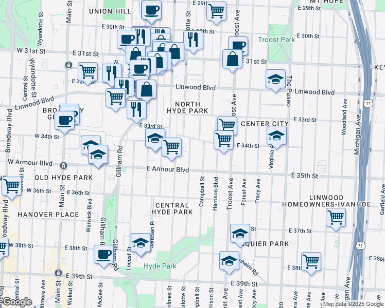 map of restaurants, bars, coffee shops, grocery stores, and more near 3429 Charlotte Street in Kansas City