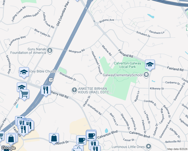 map of restaurants, bars, coffee shops, grocery stores, and more near 2633 Deer Ridge Drive in Silver Spring