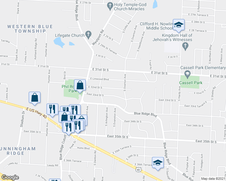 map of restaurants, bars, coffee shops, grocery stores, and more near 9611 East 32nd Street South in Independence