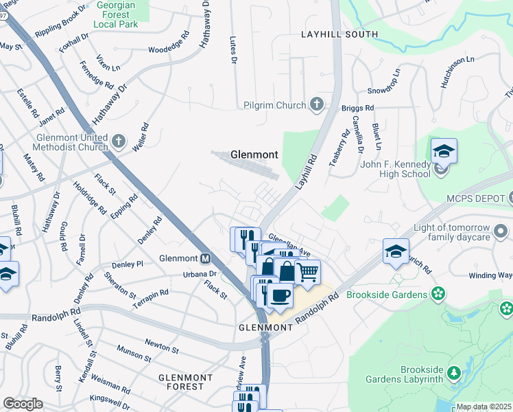 map of restaurants, bars, coffee shops, grocery stores, and more near 2414 Auden Drive in Silver Spring