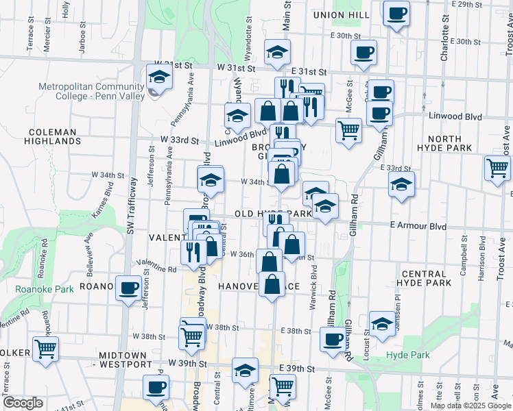 map of restaurants, bars, coffee shops, grocery stores, and more near 3424 Baltimore Avenue in Kansas City