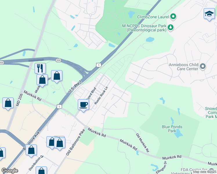 map of restaurants, bars, coffee shops, grocery stores, and more near 12805 Rustic Rock Lane in Beltsville