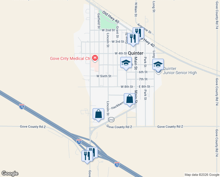 map of restaurants, bars, coffee shops, grocery stores, and more near 900-998 Lincoln Street in Quinter