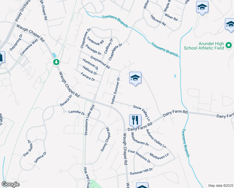 map of restaurants, bars, coffee shops, grocery stores, and more near 824 Sunflower Drive in Odenton
