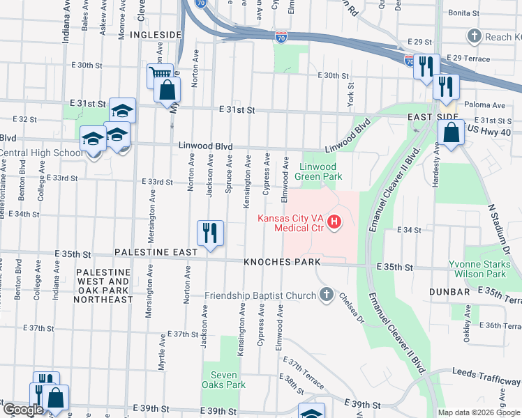 map of restaurants, bars, coffee shops, grocery stores, and more near 3330 Cypress Avenue in Kansas City