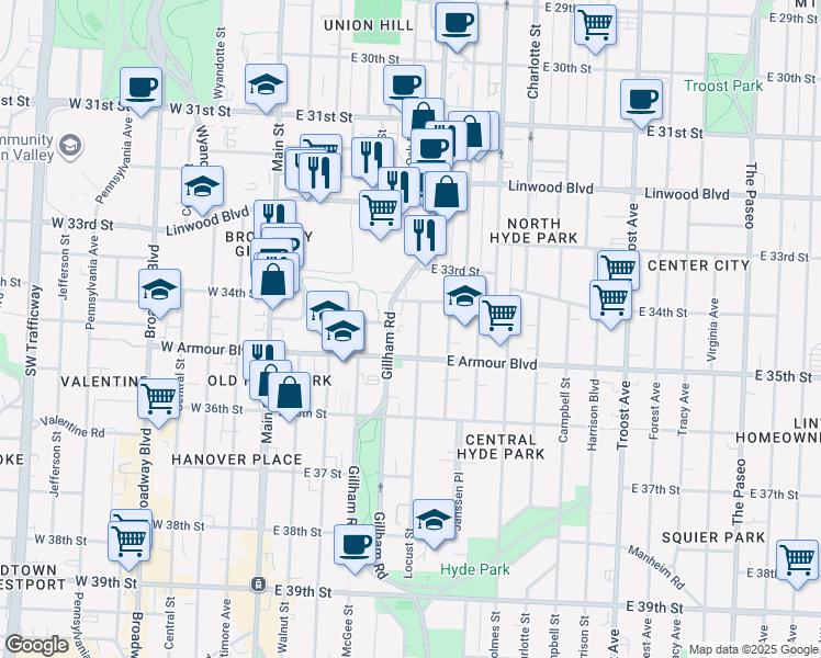 map of restaurants, bars, coffee shops, grocery stores, and more near 3420 Locust Street in Kansas City