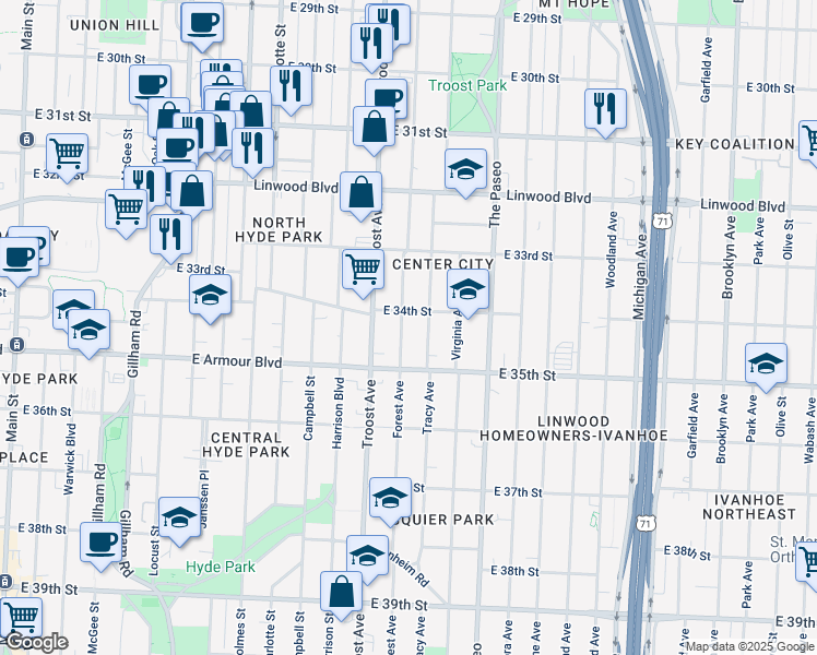 map of restaurants, bars, coffee shops, grocery stores, and more near 3413 Forest Avenue in Kansas City
