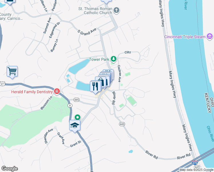 map of restaurants, bars, coffee shops, grocery stores, and more near 1041 South Fort Thomas Avenue in Fort Thomas