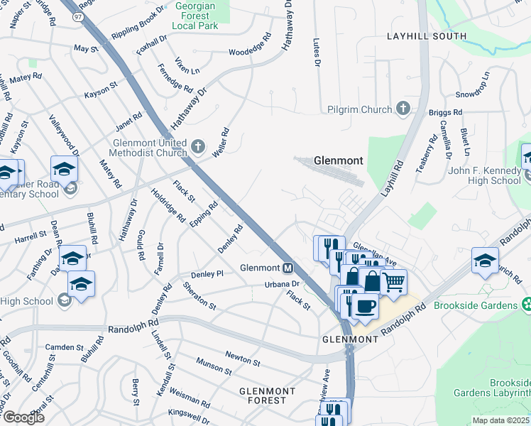 map of restaurants, bars, coffee shops, grocery stores, and more near 12635 Georgia Avenue in Silver Spring