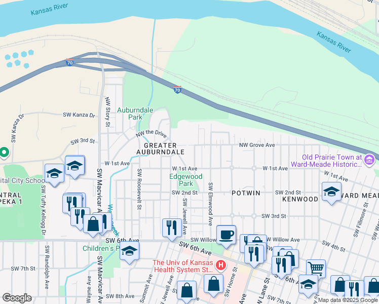 map of restaurants, bars, coffee shops, grocery stores, and more near 127 Northwest Knox Avenue in Topeka