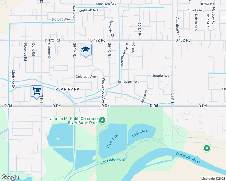 map of restaurants, bars, coffee shops, grocery stores, and more near 3053 Chickadee Court in Grand Junction