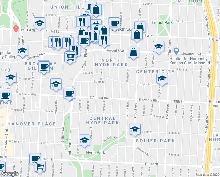 map of restaurants, bars, coffee shops, grocery stores, and more near 3429 Charlotte Street in Kansas City