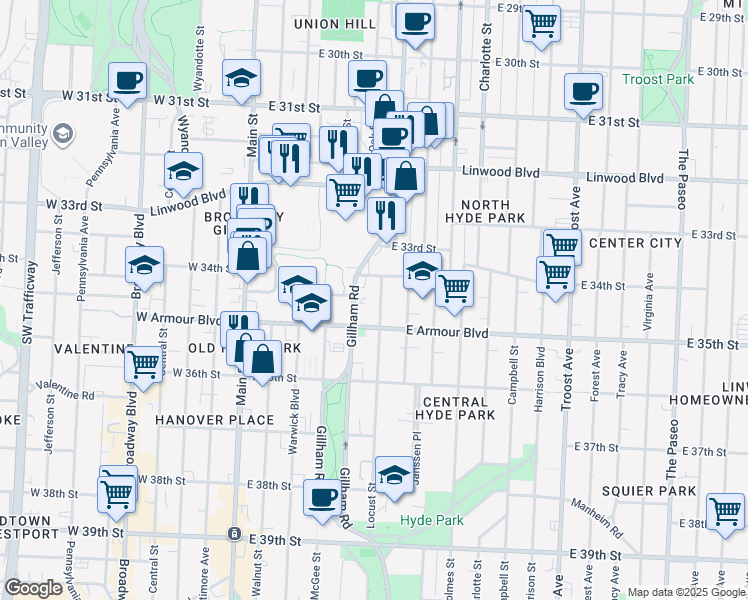 map of restaurants, bars, coffee shops, grocery stores, and more near 3419 Locust Street in Kansas City