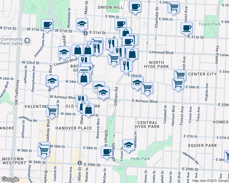 map of restaurants, bars, coffee shops, grocery stores, and more near 3432 Gillham Road in Kansas City