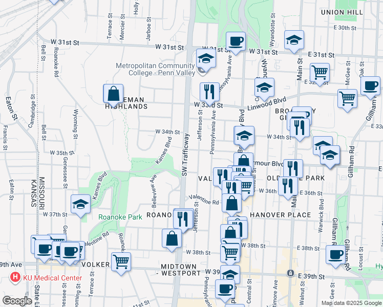 map of restaurants, bars, coffee shops, grocery stores, and more near 711 West 35th Street in Kansas City