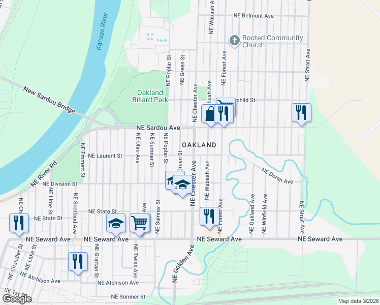 map of restaurants, bars, coffee shops, grocery stores, and more near in Topeka