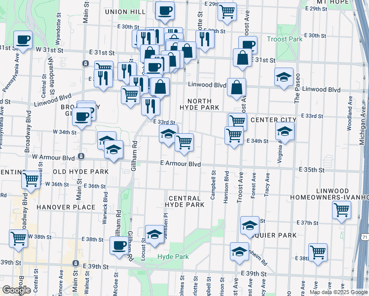 map of restaurants, bars, coffee shops, grocery stores, and more near 3422 Holmes Street in Kansas City