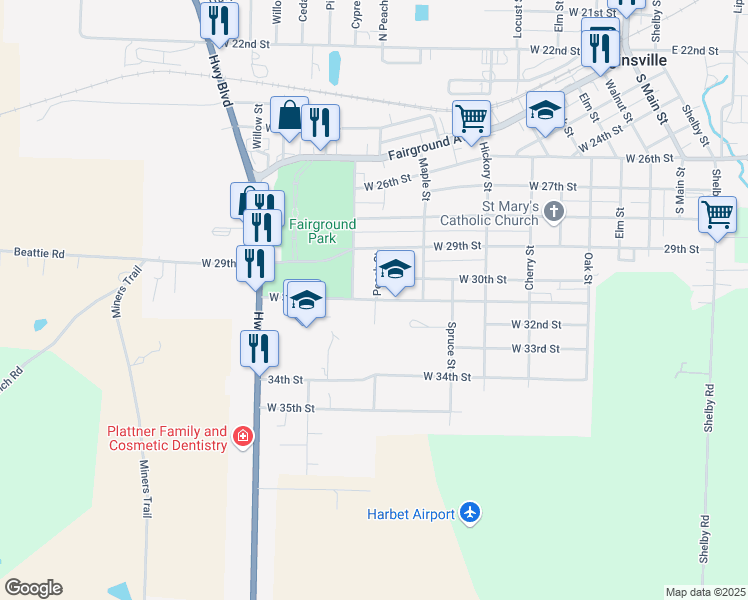 map of restaurants, bars, coffee shops, grocery stores, and more near West 31st Street in Higginsville