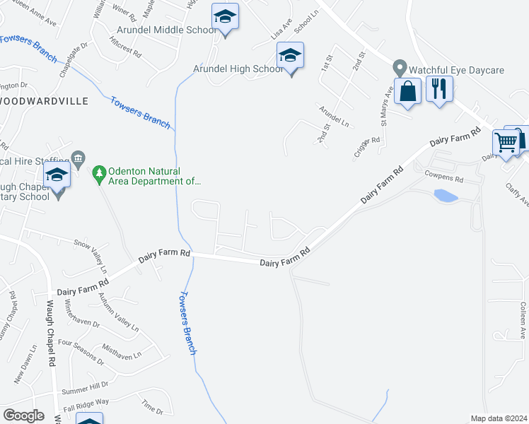 map of restaurants, bars, coffee shops, grocery stores, and more near 2037 Brodick Lane in Gambrills