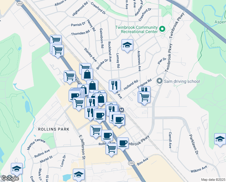 map of restaurants, bars, coffee shops, grocery stores, and more near 2355 Lewis Avenue in Rockville