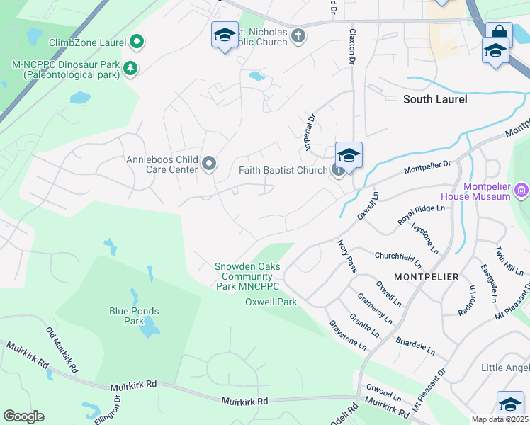 map of restaurants, bars, coffee shops, grocery stores, and more near 8406 Snowden Loop Court in Laurel