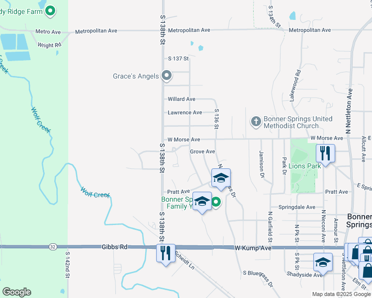 map of restaurants, bars, coffee shops, grocery stores, and more near 13703 Grove Avenue in Bonner Springs